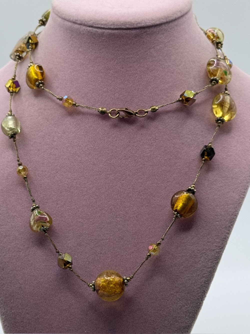 Gold hand painted Glass Bead Long Necklace